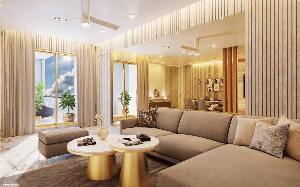 Elegant living room interior at Galaxy Lodhi Greens luxury apartments in Lodhi Colony Delhi