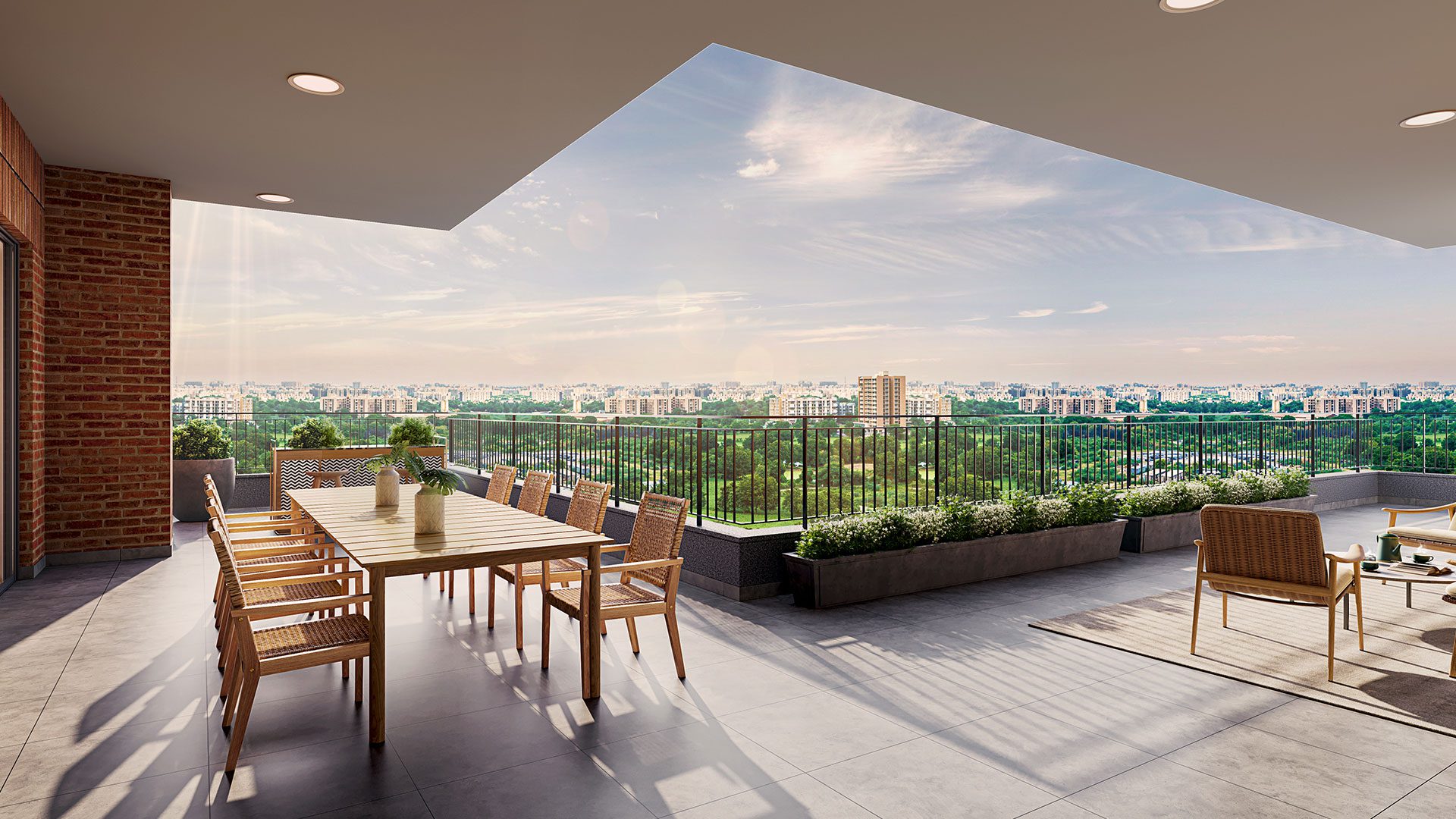 Spacious balcony with outdoor seating and skyline view at Galaxy Lodhi Greens in Lodhi Colony Delhi